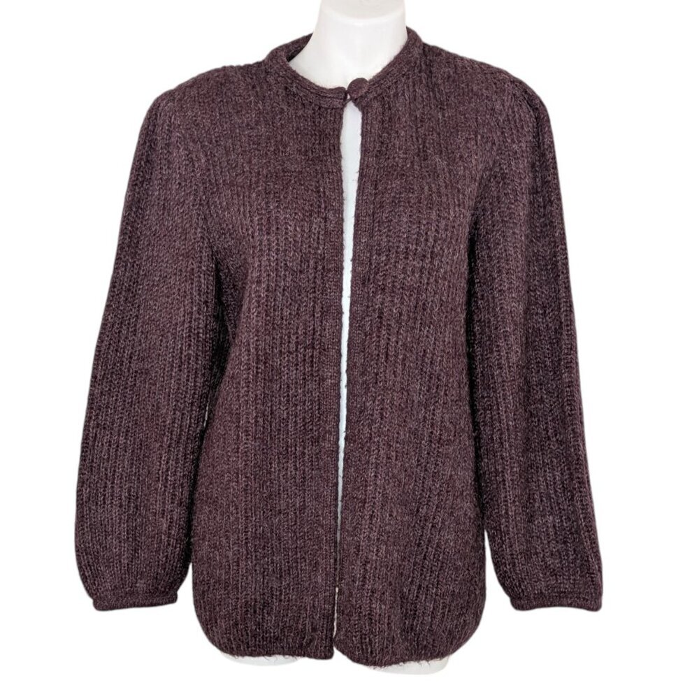 VTG Mohair Purple Textured Chunky Knit Ribbed Top Button Open Front Cardigan